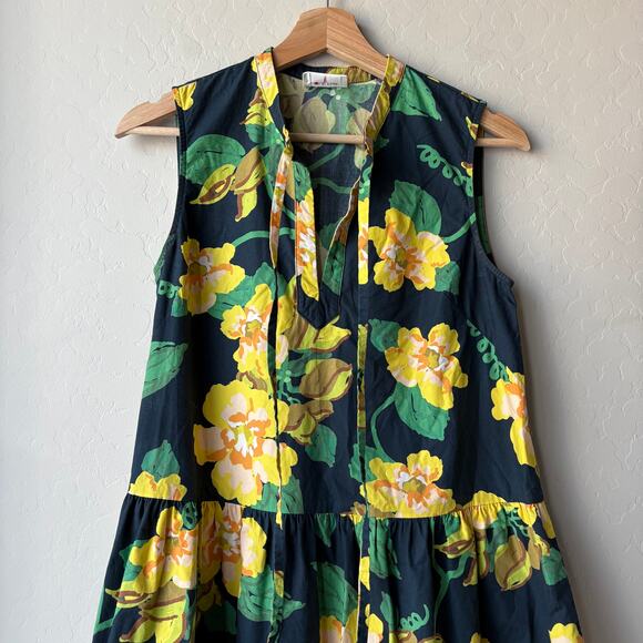 Obus Yellow Bells Floral Print Sleeveless Tiered A-Line Poplin Midi Dress Size 1 - Picture 3 of 10